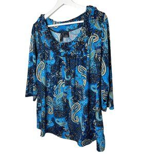 New Directions Blue Paisley Floral Top Plus Size 1X 3/4 Sleeve Stretch